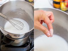 two pictures showing how to make white sauce in a pan and whisk them into a bowl