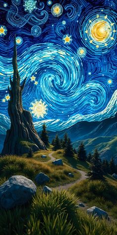 a painting of a starry night with trees and rocks