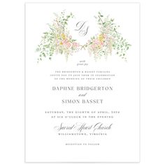 an elegant floral wedding card with the letter s on it