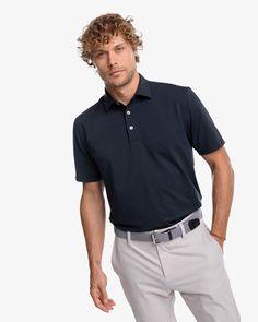 The front view of the Southern Tide brrr-eeze Heather Performance Polo Shirt by Southern Tide - Heather Caviar Black Collar Stays, Sophisticated Dress, Cute Swimsuits, Comfy Sweaters, Khaki Shorts, The Boat, Quarter Zip Pullover, Short Jacket, Stay Cool