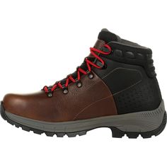 The men's Georgia Boot Eagle Trail collection combines lightweight construction with supreme comfort creating a hiker style work boot perfect for light indoor and outdoor industrial applications.The upper on this 6-inch protective toe boot features the incredibly tough and abrasion resistant SPR™ leather, dual functioning hardware, and a molded collar for added comfort. It comes with a pair of red and a pair of black laces.The alloy toe is Ergo-Fit. It allows your toes more wiggle room while sti Rugged Gore-tex Slip-resistant Hiking Boots, Slip-resistant Moc Toe Waterproof Boots For Outdoor Work, Rugged Durable Hiking Boots For Safety, Slip-resistant Lace-up Hiking Boots For Adventure, Functional Slip-resistant Work Boots For Outdoor, Durable Leather Hiking Boots, Slip-resistant Lace-up Hiking Boots For Outdoor Work, Rugged Safety Hiking Boots With Round Toe, Rugged Slip-resistant Hiking Boots For Safety