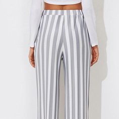 Tie Waist Belted Cigarette Trousers Striped Pants Chic High Waist Wide Leg Pants With Vertical Stripes, Chic High Waist Vertical Stripes Wide Leg Pants, Spring Striped High-waisted Wide Leg Pants, Trendy Striped Bottoms For Day Out, Chic Striped Bottoms With Elastic Waistband, Trendy Striped Wide Leg Pants For Spring, Trendy Striped Straight Pants, Chic Striped Pants With Elastic Waistband, Chic Wide Leg Bottoms With Vertical Stripes