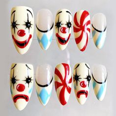 Get ready to elevate your style with our personalized Handmade Halloween Moody Clown Press on Nails. Available in trendy short and long almond shapes, these custom red and white false nails are perfect for a unique, spooky look. Enjoy easy application with our glue-on nails and embrace the festive flair!📦 What comes with your press on nail kit? 10 nails of your size 24 adhesive tabs 1 nail file 1 cuticle stick Instructions on how to apply and remove them. Finding Your Size:Check out our sizing chart or Visit our sizing tutorial here: Sizing DirectionsNot sure about the size? It’s better to go a bit bigger – you can always file them down for a snug fit.Remember, we can’t do cancellations for size issues, so measuring right is key!Quality You Can TrustWe use only the best materials for our Halloween Nails Square Medium, Clown Nails, Carnival Nails, Press On Nail Kit, 2022 Nails, Circus Aesthetic, Long Almond, Punk Nails, Halloween Nail Designs