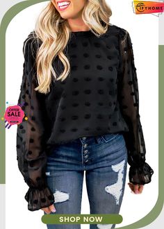 Black Polka Dot Lantern Sleeve Mesh Splicing Blouse Casual Swiss Dot Blouse For Fall, Casual Swiss Dot Tops For Fall, Polka Dot Swiss Dot Tops For Fall, Black Swiss Dot Blouse For Spring, Chic Black Swiss Dot Top, Fitted Swiss Dot Tops For Fall, Lantern Sleeve, Black Polka Dot, Lantern Sleeves