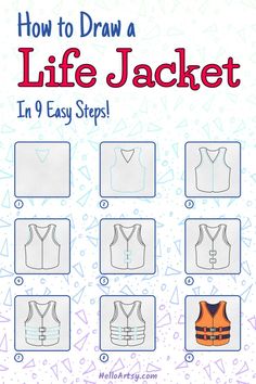 Step by step images demonstrating a how to draw a life jacket - A Drawing Tutorial for Kids! Life Jacket Drawing, Nautical Drawing, Beach Drawings, Jacket Drawing, Doodle Art For Beginners, Beach Drawing, Boat Drawing, Drawing Lessons For Kids, Draw Easy