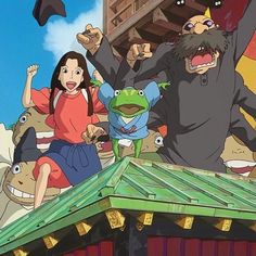 an animated scene with people and animals on top of a building