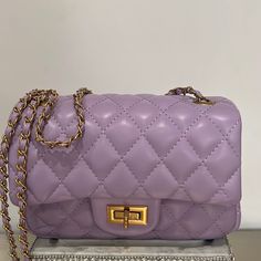 Quilted Lavender Leather Purse Handbag Crossbody With Chain 7.5”X5”X3” Elegant Purple Satchel Shoulder Bag, Classic Purple Evening Bag, Luxury Purple Rectangular Evening Bag, Elegant Purple Rectangular Shoulder Bag, Luxury Lavender Rectangular Bag, Classic Purple Formal Shoulder Bag, Classic Formal Purple Shoulder Bag, Luxury Purple Shoulder Bag With Gold-tone Hardware, Chic Purple Square Box Bag