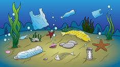 an underwater scene with plastic bottles, trash and other marine life on the bottom of the ocean floor