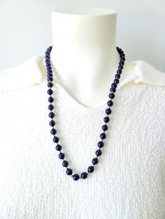 "Cheer up with this genuine blue lapis with gold tone spacer beads. Lapis stones have gold lines and are approx. 8mm. round Clasp: filigree fishhook Length approx. 25\" Condition: Good vintage" Elegant Blue Necklaces With 8mm Beads, Elegant Blue Necklace With 8mm Beads, Elegant Beaded Necklaces With Round Lapis Lazuli Beads, Elegant Lapis Lazuli Beaded Necklaces With Round Beads, Elegant Lapis Lazuli Beaded Necklace With Round Beads, Elegant Lapis Lazuli Beaded Necklaces, Elegant Lapis Lazuli Beaded Necklace, Elegant Sapphire Lapis Lazuli Beaded Necklace, Formal Lapis Lazuli Necklace With Round Beads