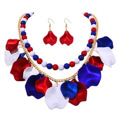 PRICES MAY VARY. 【Patriotic jewelry Set】The fashion jewelry set includes one resin bead necklace, one alloy flower petal bracelet and one pair of petal pendant earrings. All 4th of July beaded necklaces are designed with red, white and blue. you will be celebrating national country in style with this chunky patriotic necklace and drop earrings. 【Easy to Match】This summer jewelry could match any outfit, pair with your favourite cocktail dress for a fabulous look or with your everyday casual for e Patriotic Necklace, American Flag Jewelry, Layering Style, Boho Pendant Necklace, Patriotic Jewelry, Boho Pendant, Fashion Jewelry Sets, Summer Necklace, Flower Petal