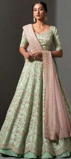 Green color Lehenga in Silk fabric with Sequence, Thread work Light Green Lehenga Color Combos, Pastel Green Lehenga Combinations, Green Floor-length Ceremony Set, Festive Green Lehenga For Ceremony, Green Embroidered Ceremony Sets, Green Resham Embroidery Ceremony Set, Green Bollywood Lehenga For Ceremony, Green Ceremony Sets With Resham Embroidery, Green Traditional Drape Sets For Ceremony