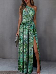 Women's Casual Dress Swing Dress Floral Split Print One Shoulder Long Dress Maxi Dress Streetwear Maxi Street Date Sleeveless Regular Fit Green Summer Spring S M L XL XXL 2024 - $28.99 Vestido Casual, Dress Maxi, Types Of Dresses, Dress Floral, Long Maxi Dress, Floral Print Dress, Swing Dress, Casual Dresses For Women, Dresses Online