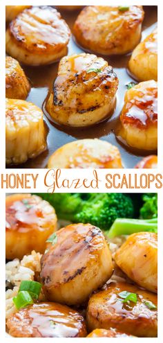 honey glazed scallops with broccoli in the background