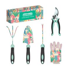 garden tools are displayed in front of a box with scissors and gardening gloves on it