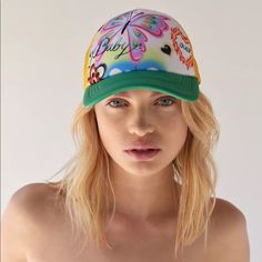 Dream Of Paradise In This Summery Trucker Hat Featuring A Graphic Airbrush Front. Fitted With Mesh Back Panels And An Adjustable Snap Closure. Content + Care - 100% Polyester - Spot Clean - Imported Spring Hats From Urban Outfitters, Retro Spring Baseball Cap With Curved Brim, Retro Curved Brim Baseball Cap For Spring, Summer Retro Baseball Cap, Spring Beach Snapback Trucker Hat, Trendy Snapback Sun Hat For Spring, Urban Outfitters Adjustable Snapback Hat, Summer Baseball Cap, Fun Pink Baseball Cap For Spring