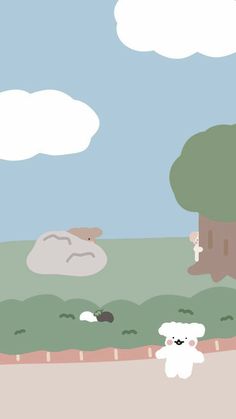 an animal is walking in the grass near a tree and rock, with another animal sitting on it's side