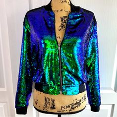 Lularoe Elegant Sequin Bomber Jacket Stevie Nwt. Such A Beautiful Jacket. In Pristine Condition. No Defects That I Can Find. Mermaid Color. Open To Reasonable Offers. Rose Jacket, Blue Sparkles, Floral Jacket, Bomber Jackets, Red Jacket, Blue Fashion, Black Denim, New Black, Dream Closet