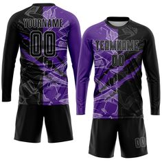 a soccer jersey with the name and number on it, in black and purple colors