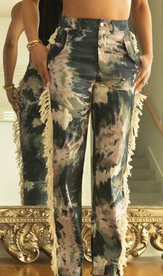 Multi Print Pants with fringes on the side. Model wearing a small Natural Essence Style, Fringed Jeans, Fringe Pants, Natural Essence, Flamboyant Natural, Natural Line, Pants Large, Print Pants, Printed Pants