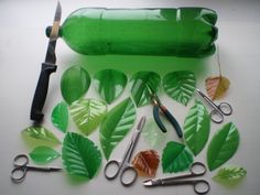 green bottles with leaves and scissors are on the table