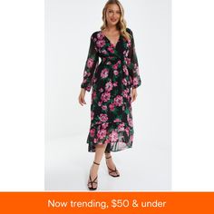 in stock Black Tie Dress, Floral Print Chiffon, Chiffon Midi Dress, Long Puff Sleeves, Floral Chiffon, Hem Dress, Chiffon Fabric, Stunning Dresses, Dress P