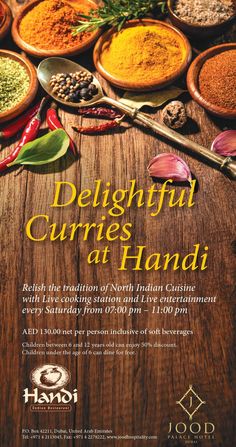 the poster for delighiful curries at handi, featuring various spices and seasonings