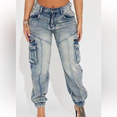 Fashion Nova Superstitions Tinted Denim Joggers Medium Wash Brand New Never Worn Size 5 Not Much Stretch Hip Hop Denim Cargo Pants In Denim Blue, Distressed High Waist Cropped Jeans, High Waist Distressed Cropped Jeans, Trendy Denim Cropped Jeans For Streetwear, Trendy Distressed Medium Wash Bottoms, Hip Hop Denim Cargo Pants, High Waist Denim Cargo Jeans For Summer, Trendy Fitted Dark Wash Cargo Pants, High Waist Summer Cargo Jeans In Denim