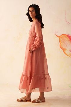 Peach chanderi dress with tiered panels, side pockets and floral hand embroidery. Comes with a cotton mul slip. - Aza Fashions Peach Floral Dress, Chanderi Dress, Long Gown Design, Casual Frocks, Simple Frocks, Frock For Women, Kurta Dress, Peach Dress, Floral Embroidered Dress