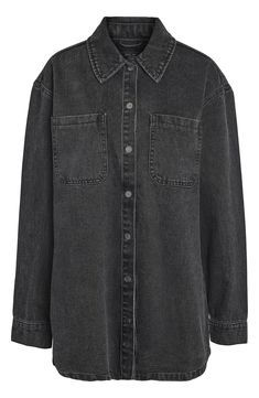 Cut from sturdy nonstretch denim and finished in a black wash, this oversized button-up shirt looks and feels like a vintage find from the first wearing. Front button closure Spread collar Long sleeves with button cuffs Chest patch pockets 50% organic cotton, 50% cotton Machine wash, dry flat Imported Washed Black Denim Button-up Top, Oversized Black Denim Tops, Black Washed Button-up Denim Jacket, Oversized Washed Collared Shacket, Oversized Black Button-up Shacket, Everyday Black Button-up Shacket, Washed Black Snap Button Denim Jacket, Oversized Trendy Denim Top For Work, Black Button-up Shacket For Everyday