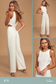 The Lulus Moments to Remember White Sleeveless Wide-Leg Cutout Jumpsuit will have you falling head over heels in love! Lightweight woven ponte shapes this must-have jumpsuit that has a rounded neckline (with V-back) and fitted princess-seamed bodice featuring two sultry side cutouts. A high, banded waist tops flowy wide-cut pant legs to complete this stunner! Hidden back zipper/clasp. Fit: This garment fits true to size. Length: Floor length. Size medium measures 58" from shoulder to hem. Inseam Sleeveless Jumpsuits And Rompers For Summer, Sleeveless Cutout Jumpsuit For Night Out, Summer Sleeveless Cutout Jumpsuits And Rompers, Chaffle Recipe, Cutout Jumpsuit, Head Over Heels In Love, Adhesive Bra, Head Over Heels, Rounded Neckline