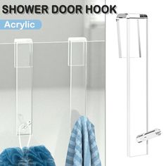 an acrylic shower door hook with towel hanging from it's side and another photo of the rack