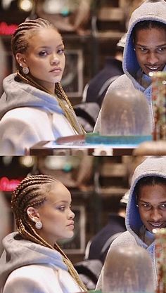 two pictures of a woman with dreadlocks talking on the phone and looking at something in front of her