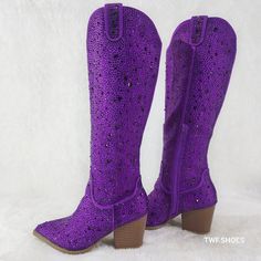 Stunning Country Western Knee Boots By Yours Forever Super Sparkle Purple Rhinestone Boots Western Cut Heels Half Side Zipper For Easy Usage Top Finger Pulls To Help Slip Them On. Top Opening Approx. 14" On Size 7 And Will Go Up As Sizes Do. Brilliant Coloring Definite Head Turners Brand New In Box Spring Silver Boots With Rhinestones, Silver Rhinestone Boots For Spring, Trendy Silver Boots With Bling, Rhinestone Boots, Stuart Weitzman 5050, Purple Boots, Disco Cowgirl, Sequin Boots, Black Suede Ankle Boots