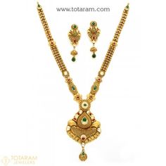 22K Gold Antique Long Necklace & Drop Earrings Set With Fancy Stones - 235-GS2942 - Buy this Latest Indian Gold Jewelry Design in 94.000 Grams for a low price of  $4,953.99 Antique Hand Set Necklace For Gift, Vintage Jewelry For Celebration With Jewels, Vintage Yellow Gold Jewelry For Festive Occasions, Vintage Hand Set Yellow Gold Jewelry, Vintage Jewelry With Intricate Design For Celebrations, Vintage Hand Set Necklace For Wedding, Vintage Jewelry For Celebration With Intricate Design, Vintage Hand Set Round Jewelry, Vintage Pendant Jewelry For Celebration