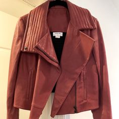 Helmut Lang Brick Red Leather Jacket. In Excellent Condition! Chic Fitted Burgundy Biker Jacket, Chic Burgundy Leather Jacket For Winter, Burgundy Leather Jacket For Spring Workwear, Chic Burgundy Leather Jacket, Chic Red Leather Jacket With Zipper Closure, Brick Red, Helmut Lang, Red Leather Jacket, Red Leather