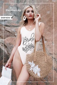 Boho style one piece bride swimsuits make a cute outfit for her to wear at her bachelorette party weekend! Summer Backless Bodysuit With Built-in Bra, One-piece Tankini With Built-in Bra For Summer, Summer Bodysuit With Built-in Bra For Vacation, Backless Swimwear For Beach Party, Summer Swimming Bodysuit With Built-in Bra, Summer Beachwear Bodysuit With Built-in Bra, Summer Vacation Bodysuit With Built-in Bra, Chic Summer Tankini With Built-in Bra, Summer Beach Party Swimwear With Built-in Bra