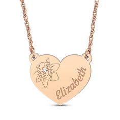 Share a special sentiment with the sweet look of this personalized heart necklace. Crafted in 14K rose gold The heart-shaped pendant displays the name you choose A round diamond accent sparkles amidst the selected flower engraving The pendant suspends centered along an adjustable 18-inch rope chain that secures with a spring ring clasp Rose Gold Engraved Heart Pendant Name Necklace, Customizable Rose Gold Heart Name Necklace, Engraved Rose Gold Heart Pendant Name Necklace, Customizable Rose Gold Heart Necklace, Rose Gold Heart Pendant Name Necklace, Personalized Rose Gold Heart Pendant Necklace, Customizable Rose Gold Necklaces For Valentine's Day, Customizable Rose Gold Necklace For Valentine's Day, Personalized Rose Gold Heart Necklace For Anniversary