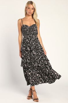 Get ready to be swept away to a world of romance by the Lulus Cascading Crush Black Floral Print Tiered Bustier Midi Dress! Lightweight pleated woven fabric, decorated with vintage-inspired floral print, shapes adjustable spaghetti straps that support a bustier-style bodice with seamed cups. A fitted waist tops a tiered skirt that ends at a midi hem. Hidden back zipper/clasp. Bustier Midi Dress, Trendy Party Dresses, Junior Party Dresses, Cobalt Blue Dress, Fall Wedding Guest Dress, Most Beautiful Dresses, Black Floral Print, Bustier Dress, Red Midi Dress