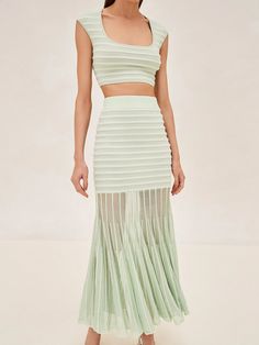 The Emille Top, with its cropped design and mint stripes, offers versatile elegance. Pair it with the Franki Skirt for a cohesive and stylish look that perfectly transitions from day to night. Latest Skirts, Day To Night, Going Out Dresses, Green Skirt, To Night, Knit Skirt, Powder Blue, White Skirts, Model Measurements