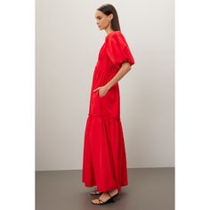 Red taffeta (100% Polyester). Lining (97% Polyester, 3% Spandex). A-line. Short sleeves. V-neck. Back zipper closure. 60" from shoulder to hemline. Imported. Hunter Bell, Rent The Runway, Closet Designs, Tier Skirt, Red Carpet, Puff Sleeve, A Line, Short Sleeves, Carpet