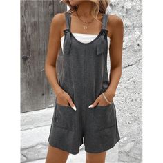 -Item Id 34719427 -Details: Knot, Pocket -Neckline: Straps -Style: Casual -Waist Line: Natural -Color: Grey -Pattern Type: Plain -Type: Overall -Sleeve Length: Sleeveless -Length: Short -Fit Type: Regular Fit -Fabric: Slight Stretch -Material: Knitted Fabric -Composition: 80% Polyester, 20% Viscose -Care Instructions: Machine Wash Or Professional Dry Clean -Body: Unlined -Sheer: No **Open To Offers!!!** **Bundle To Save More** **30% Off Bundles Of 2 Or More Items!!** ***Orders Go Out Within 5-10 Jumpsuits Summer, Summer Jumpsuit Casual, Shorts Jumpsuit, Boutique Pants, Pocket Jumpsuit, Loose Jumpsuit, Clean Body, Grey Pattern, Comfy Fashion