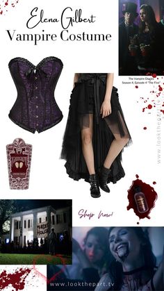 the vampire costume is shown with blood splattered on it and an image of a woman