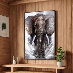 an elephant with tusks standing in front of a wooden paneled wall next to a potted plant