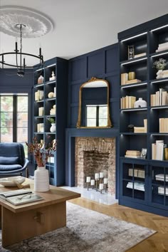 a living room filled with furniture and a fire place in front of a book shelf