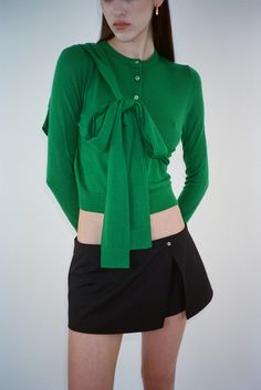 SANDY LIANG Elegant Green Cardigan With Buttons, Elegant Green Buttoned Cardigan, Elegant Green Cardigan, Spring Long Sleeve Sweater With Bow, Long Sleeve Sweater With Bow For Spring, Elegant Green Long Sleeve Sweater, Elegant Fitted Green Cardigan, Long Sleeve Fall Sweater With Bow, Long Sleeve Sweater With Bow For Fall