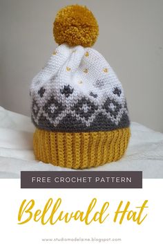 the free crochet pattern for a knitted beanie hat with pom - pom