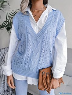 Orcajump - Solid V Neck Pointelle Knit Vest, Casual Sleeveless Loose Sweater For Spring & Fall, Women's Clothing Fall Care, Pointelle Knit, Loose Sweater, Knit Vest, Spring And Fall, Autumn Summer, Summer Fall, Collar Styles, Geometric Pattern