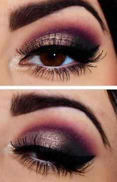 Elegant Gold Smoky Eyes Gold Smoky Eye, Mat Makeup, Purple Eye Makeup Tutorial, Smoky Eye Tutorial, Alat Makeup, New Years Eve Makeup, Gold Eye Makeup, Makeup Tip, Purple Eye Makeup