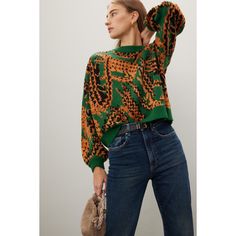 Green animal print knit (55% Acrylic, 35% Polyamide, 10% Wool). Sweater. Long sleeves. Crewneck. Pull on. 21.5" from shoulder to hemline. Imported. Trendy Jacquard Knit Tops For Fall, Casual Patterned Sweater For Fall, Casual Jacquard Knit Top For Fall, Winter Leopard Print Crew Neck Sweater, Fall Jacquard Knit Tops For Workwear, Fall Jacquard Knit Workwear Tops, Trendy Leopard Print Winter Sweater, Green Jacquard Knit Sweater For Fall, Green Knit Top For Fall