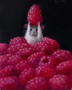 a painting of a mouse in a pile of raspberries